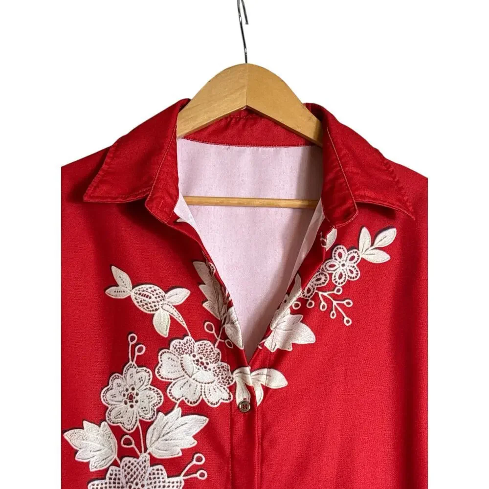 Women's Screen Printed Floral Print Button Front Shirt Size XL Red Cream NWT